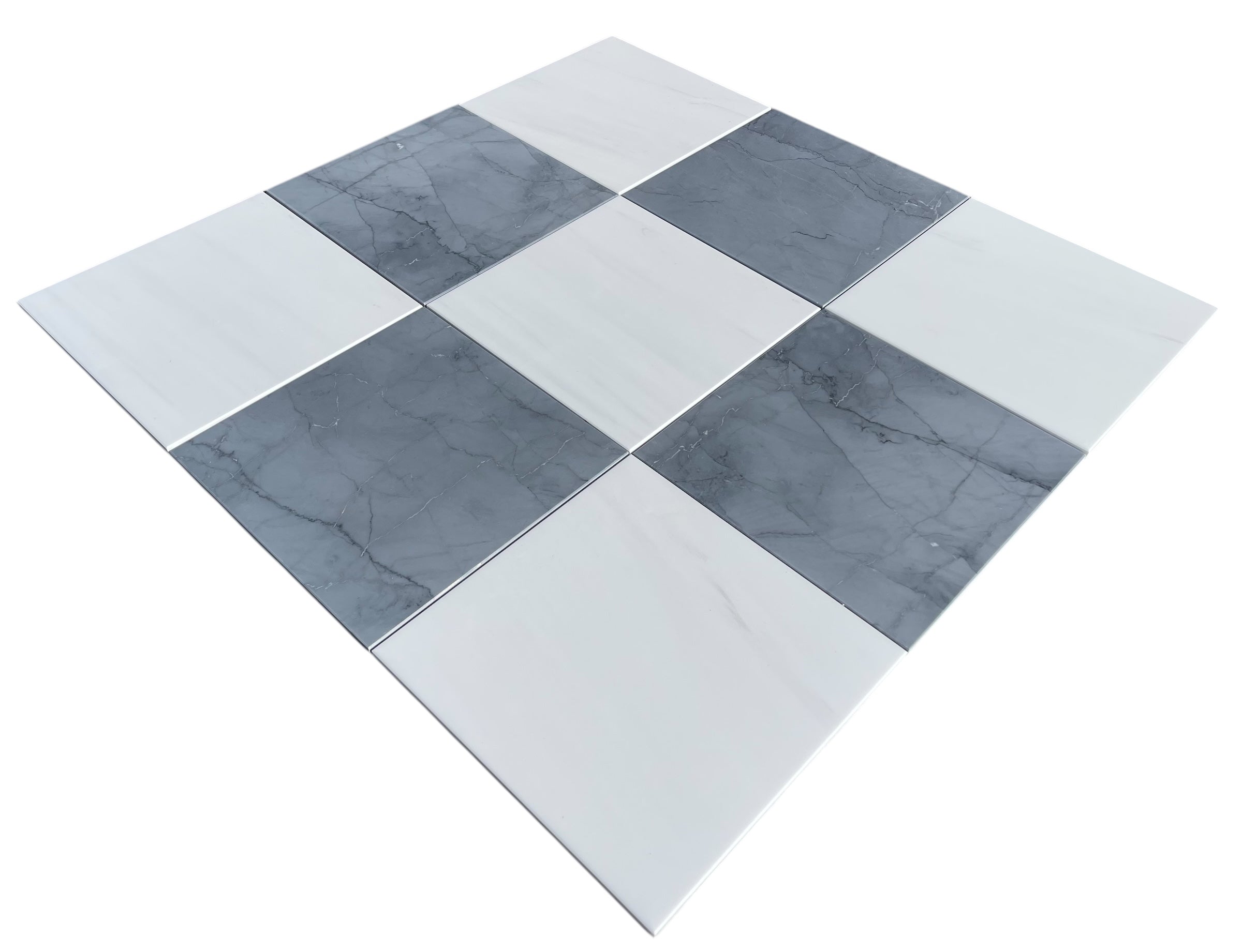 Flat view of Checkerboard Dolomite and Bardiglio Marble Tile, 12x12 polished with white and gray squares