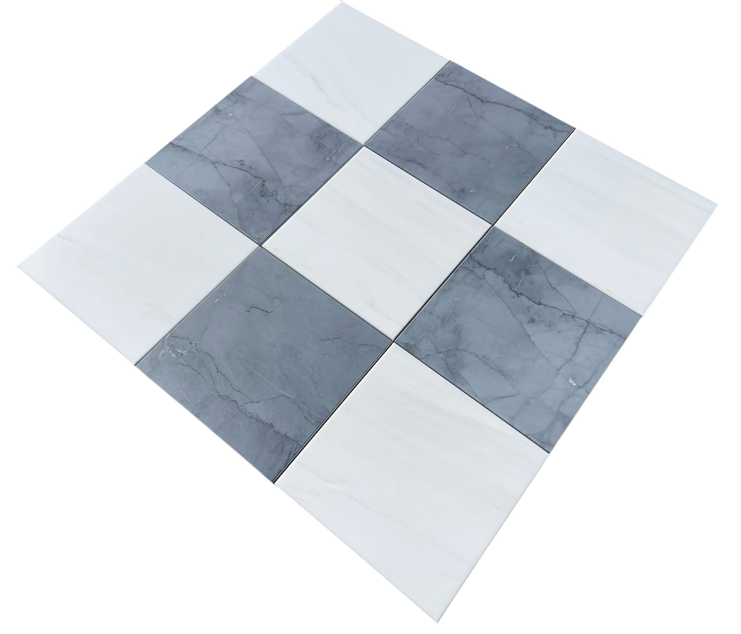 Flat view of Checkerboard Dolomite and Bardiglio Marble Tile, 12x12 polished with white and gray squares
