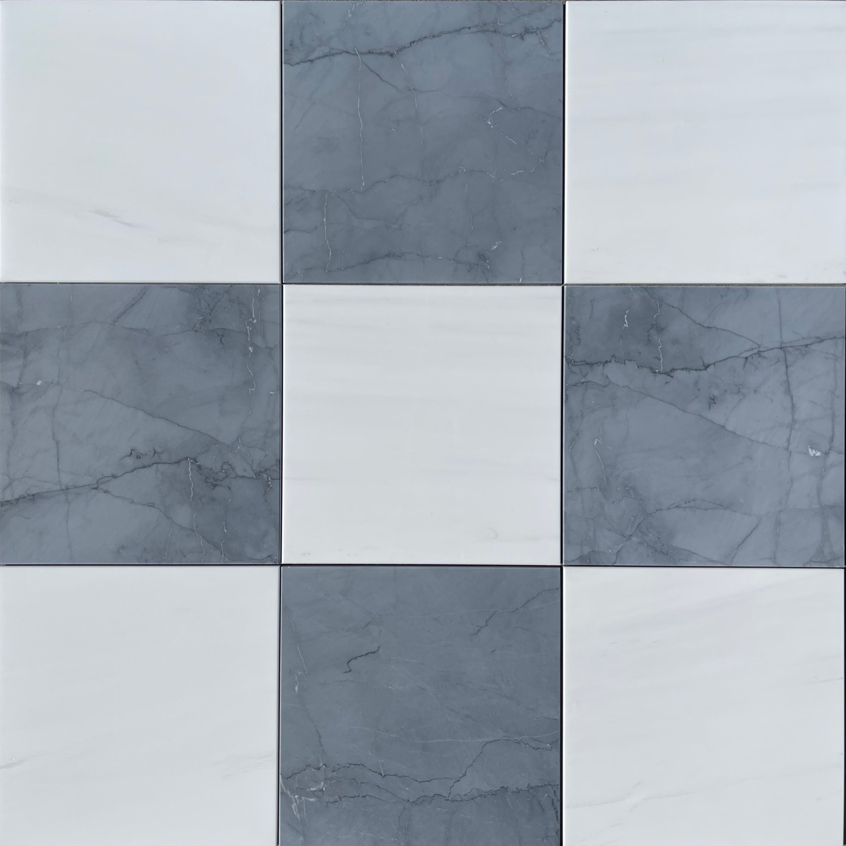 Flat view of Checkerboard Dolomite and Bardiglio Marble Tile, 12x12 polished with white and gray squares