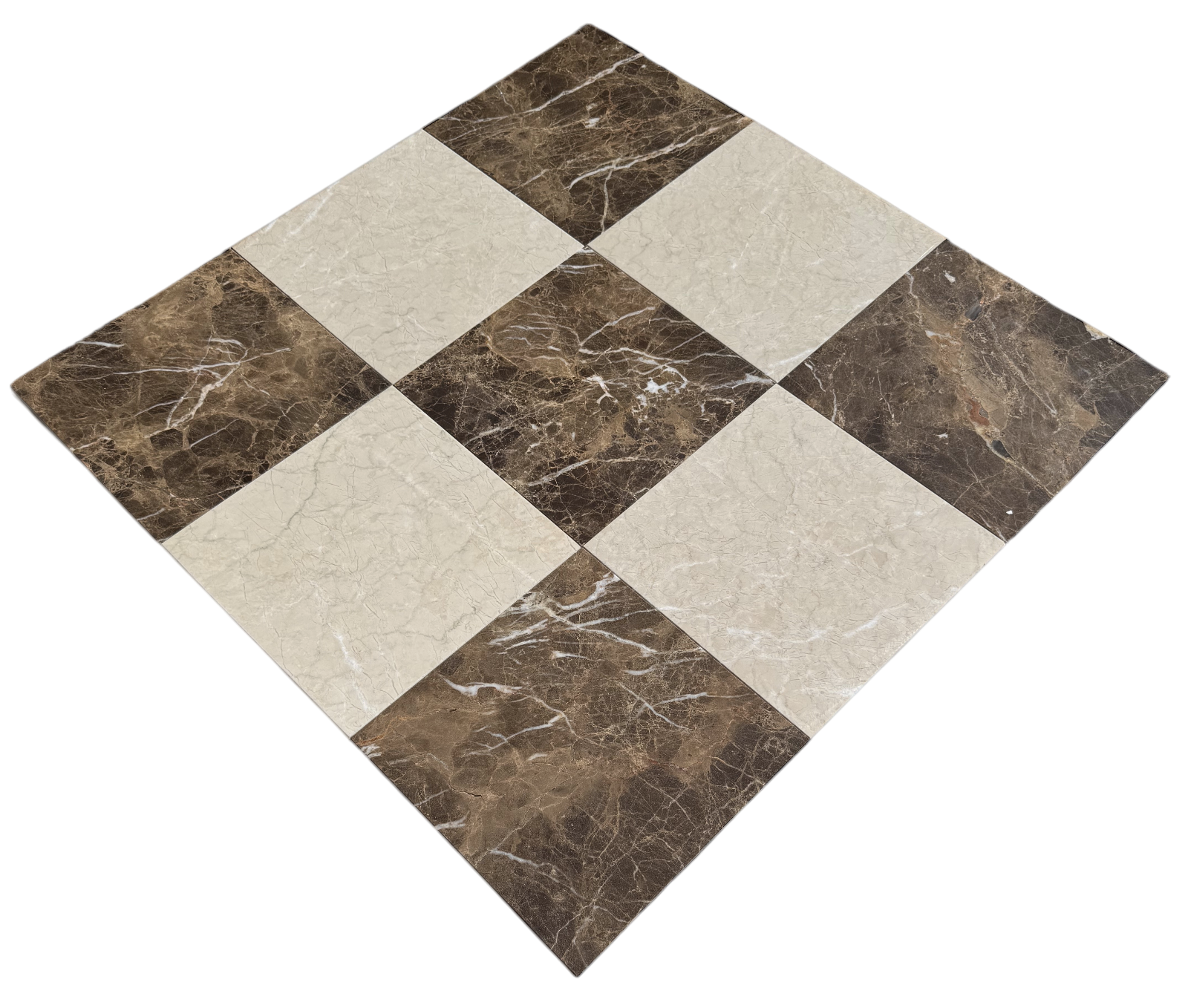 Close-up of Checkerboard Cream Nouva and Dark Emperador marble tiles with polished finish