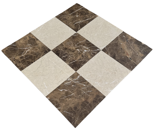 Close-up of Checkerboard Cream Nouva and Dark Emperador marble tiles with polished finish