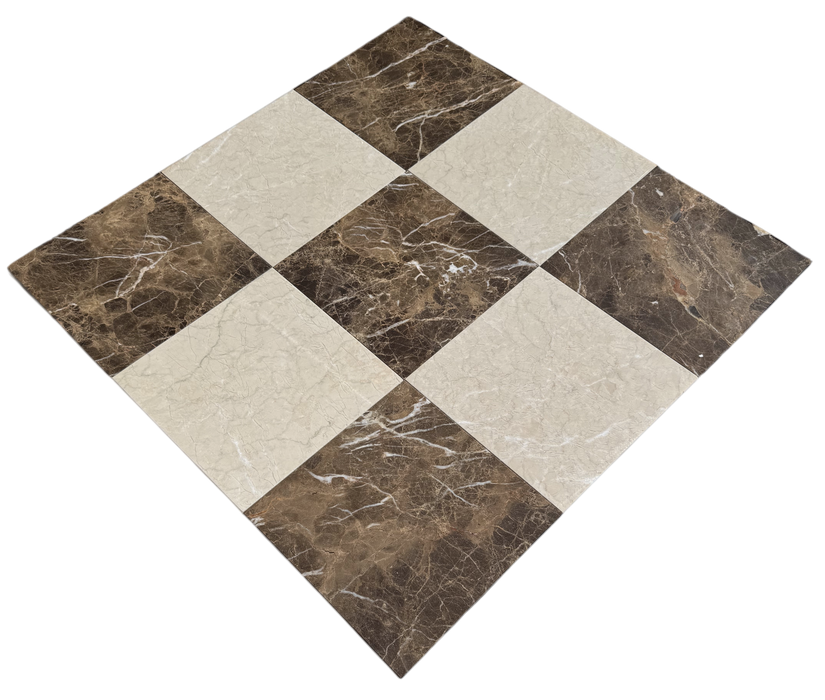 Close-up of Checkerboard Cream Nouva and Dark Emperador marble tiles with polished finish