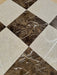 Close-up of Checkerboard Cream Nouva and Dark Emperador marble tiles with polished finish
