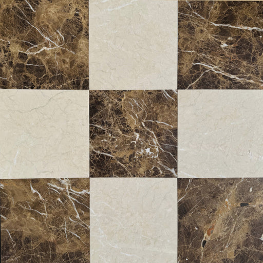 Checkerboard Marble Tile 12x12 with Cream Nouva and Dark Emperador marble squares