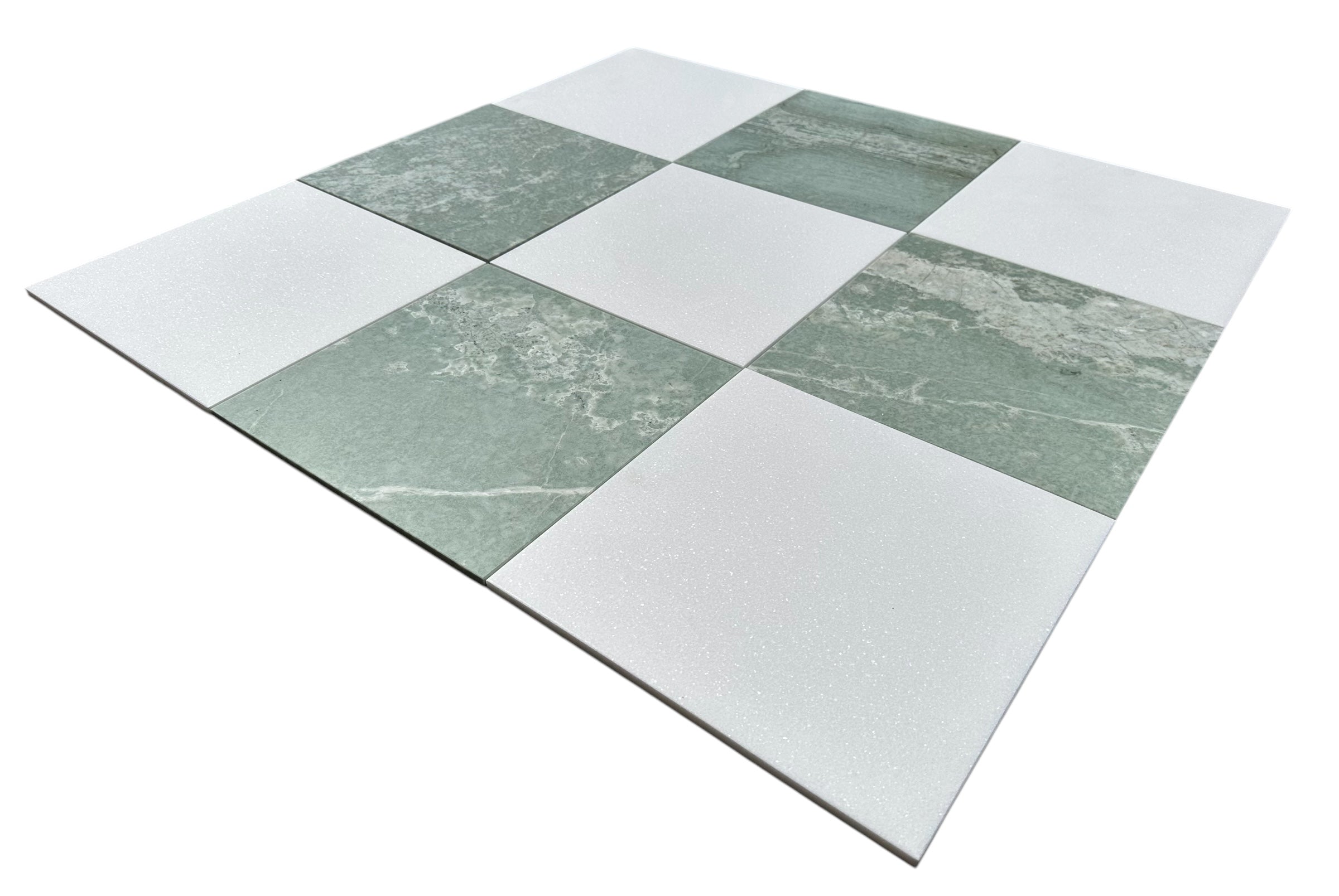 Close-up showing the texture of Ming Green and Thassos marble in checkerboard design