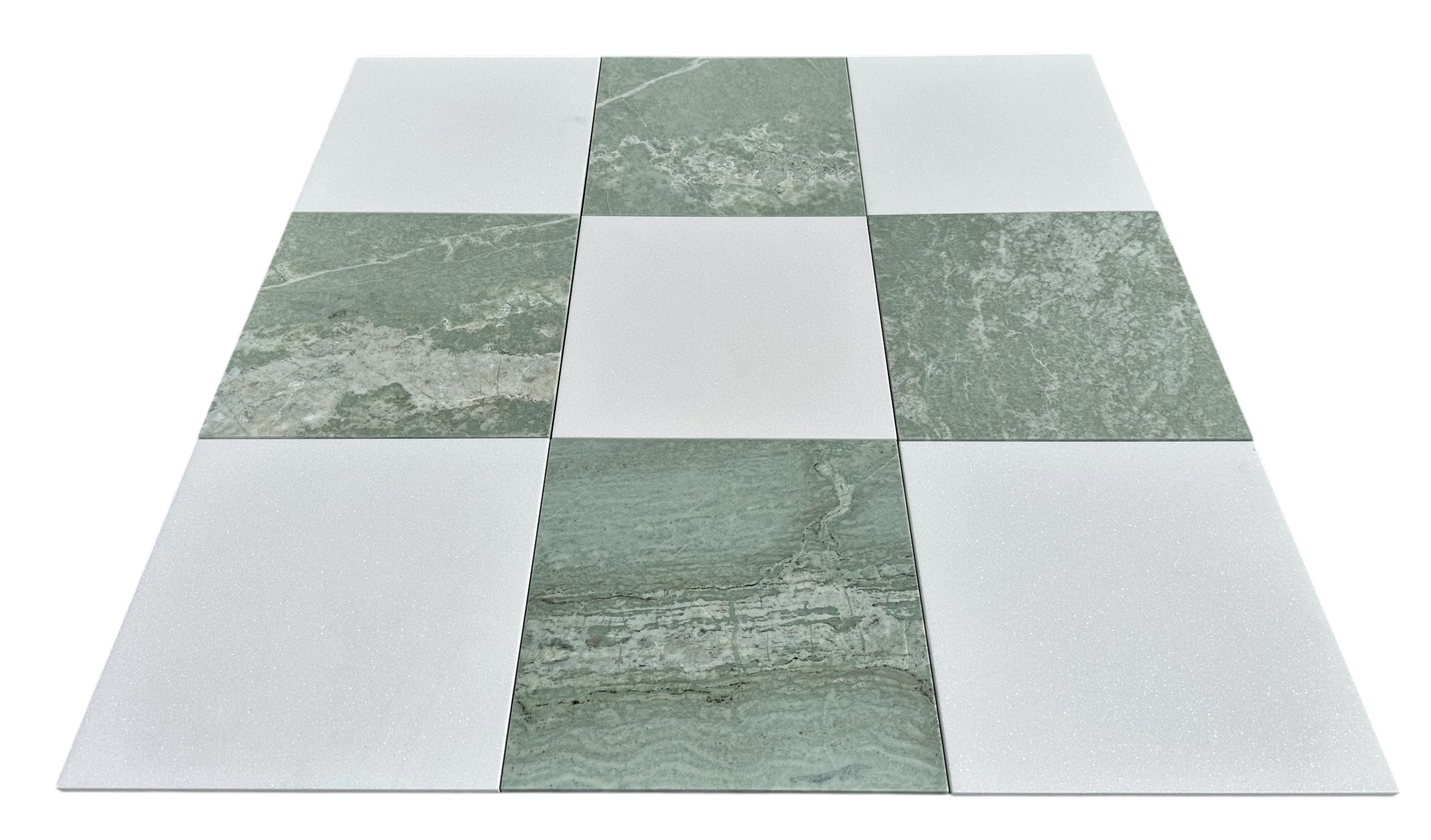 Close-up showing the texture of Ming Green and Thassos marble in checkerboard design