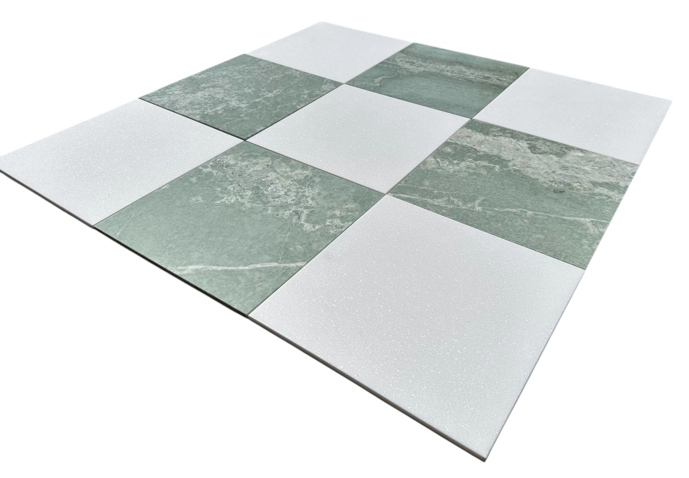 Close-up showing the texture of Ming Green and Thassos marble in checkerboard design