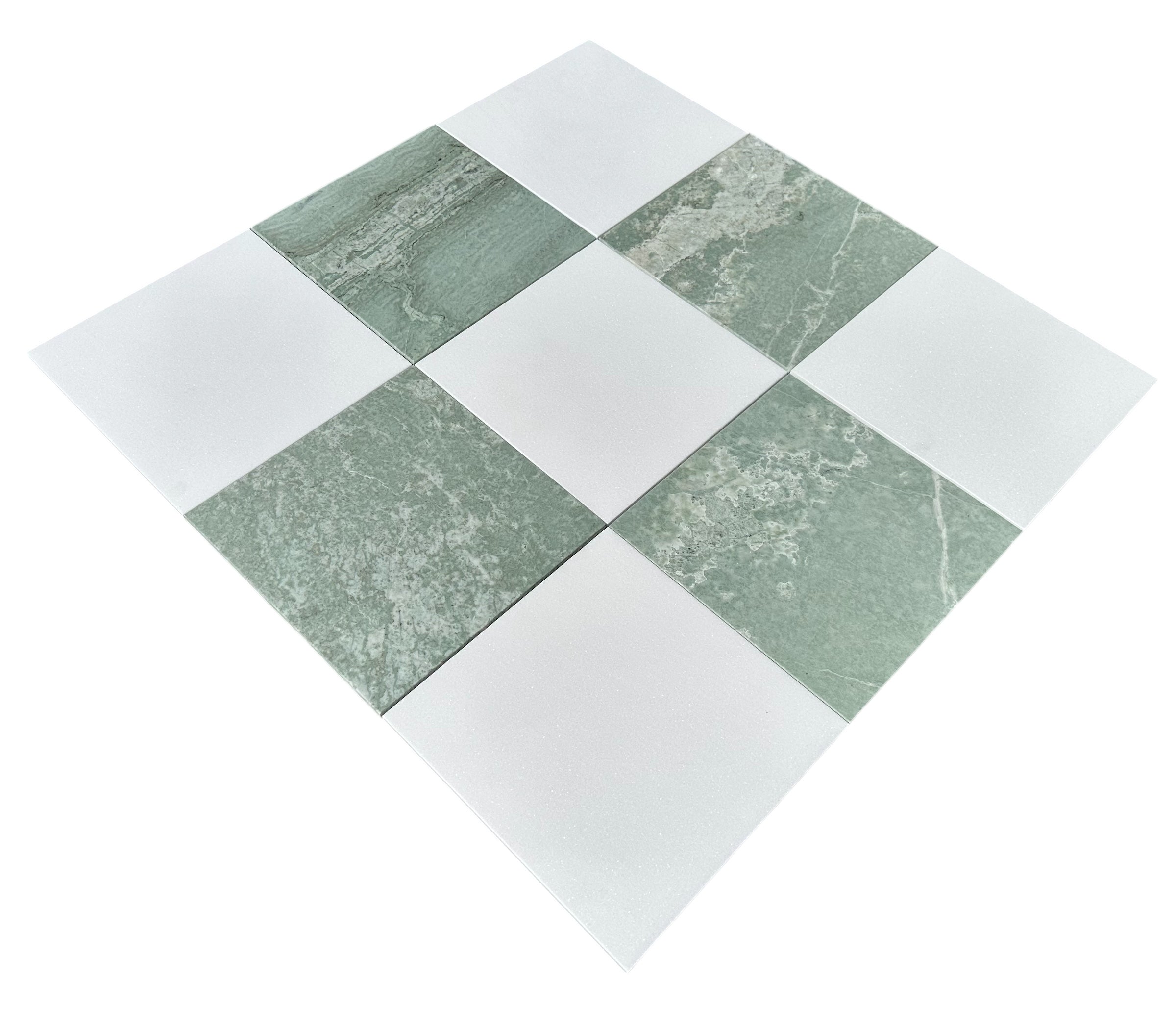 Close-up showing the texture of Ming Green and Thassos marble in checkerboard design