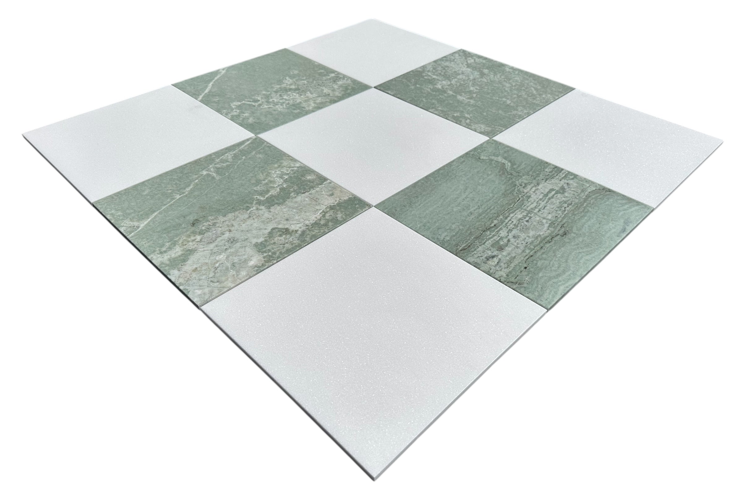Close-up showing the texture of Ming Green and Thassos marble in checkerboard design