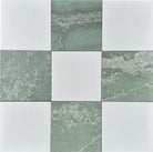 Flat lay of 12x12 checkerboard tile with Ming Green and Thassos marble