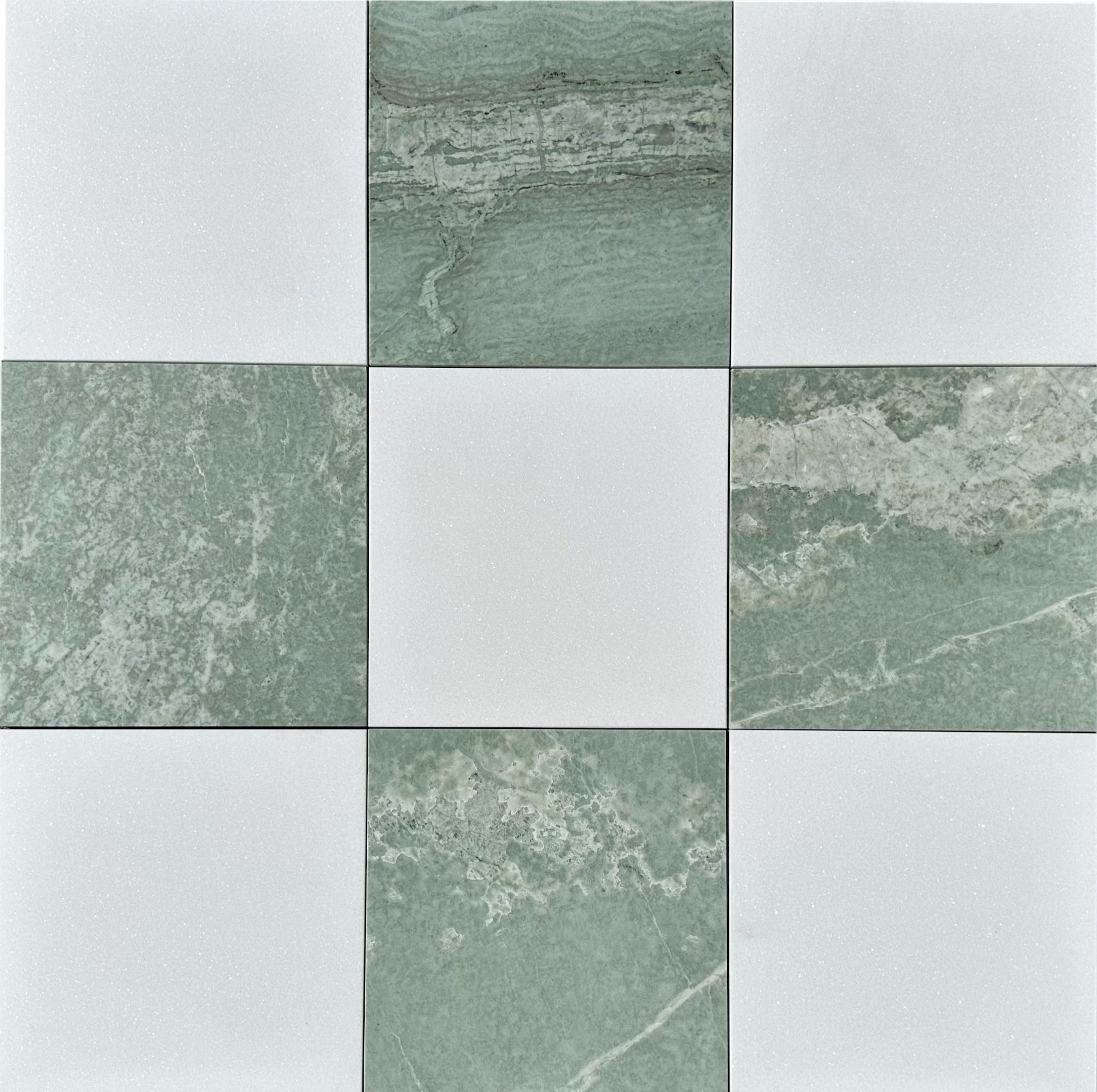 Flat lay of 12x12 checkerboard tile with Ming Green and Thassos marble