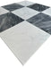 Close-up of Nuvolato and Statuary White marble checkerboard tile showing soft gray and white contrast