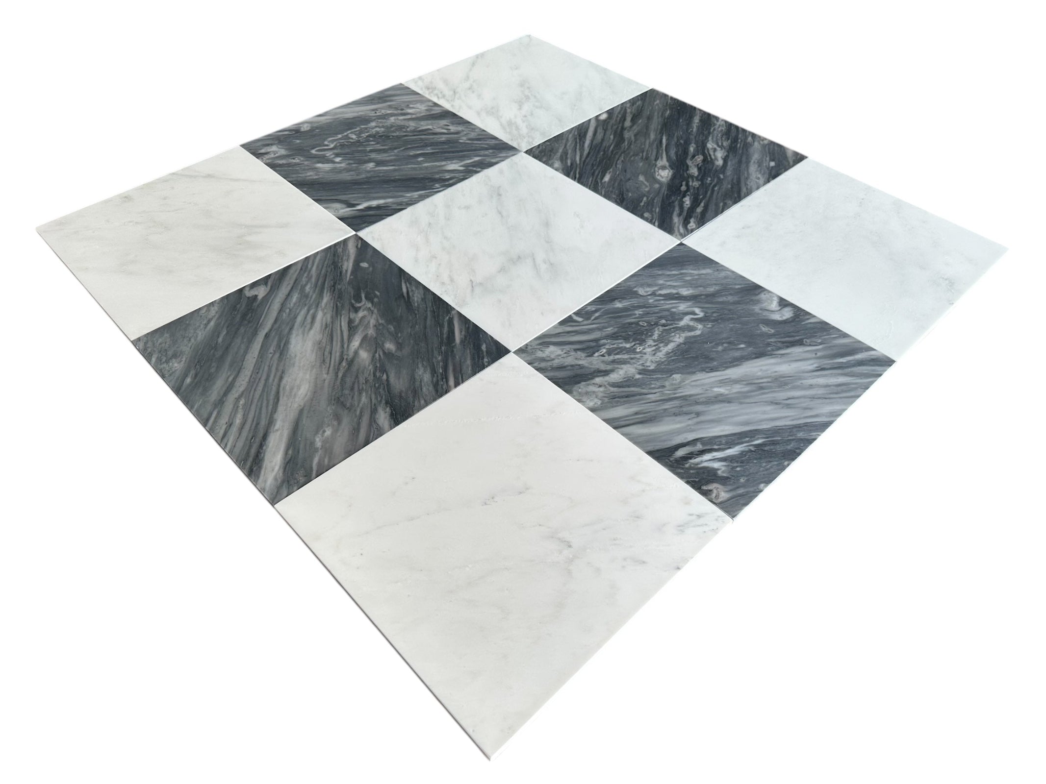 Checkerboard 12x12 tile with polished Statuary White and Nuvolato gray marble