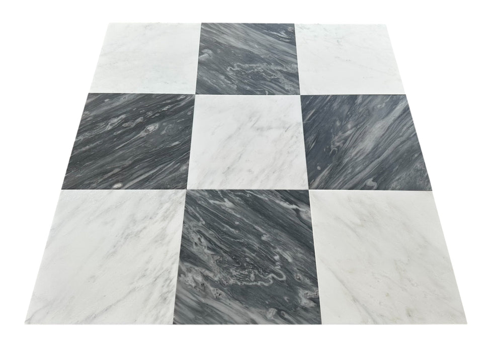 Checkerboard Nuvolato and Statuary White Marble Tile 12x12