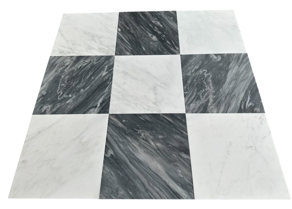 Checkerboard Nuvolato and Statuary White Marble Tile 12x12