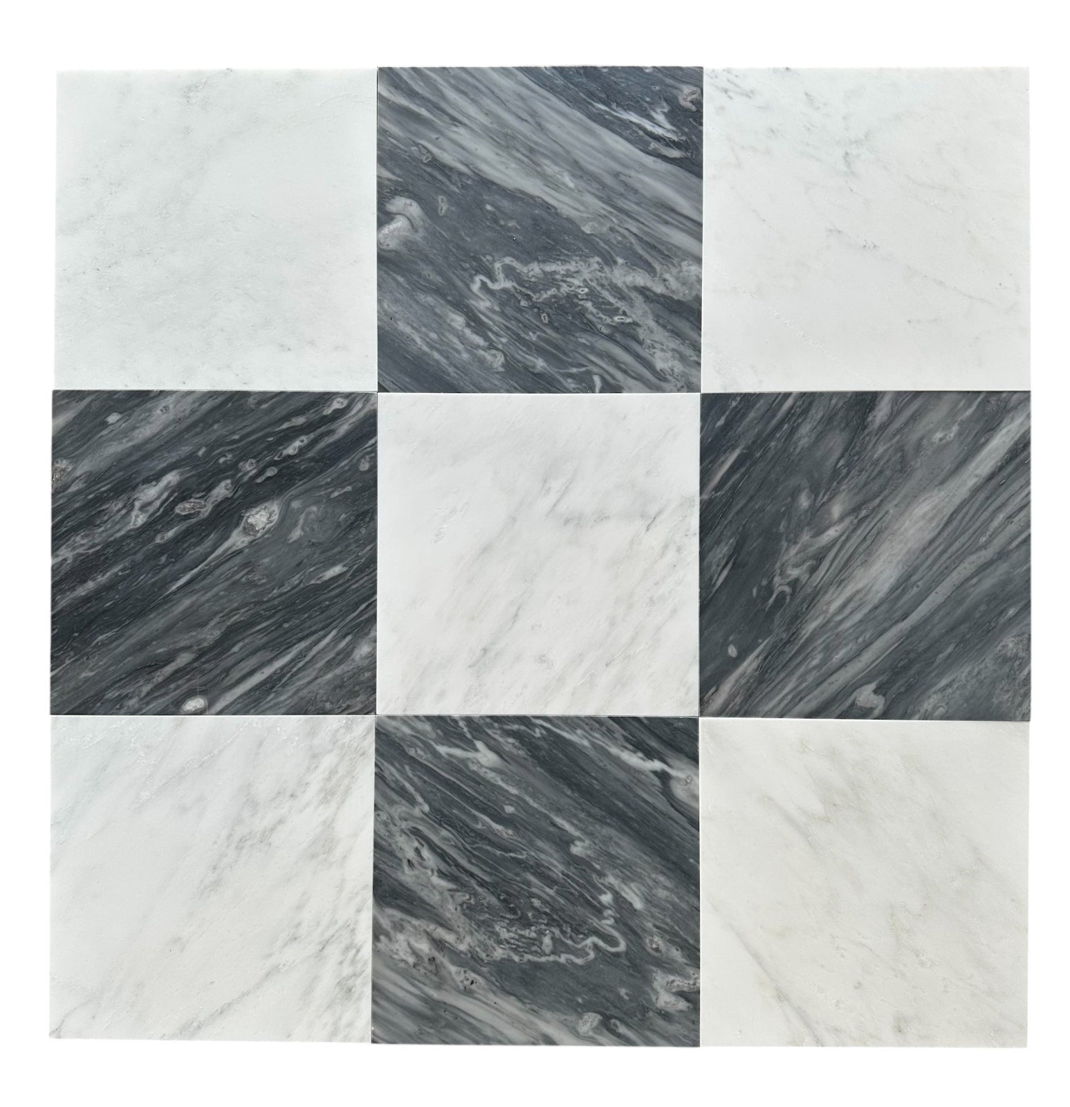 Checkerboard 12x12 tile with polished Statuary White and Nuvolato gray marble