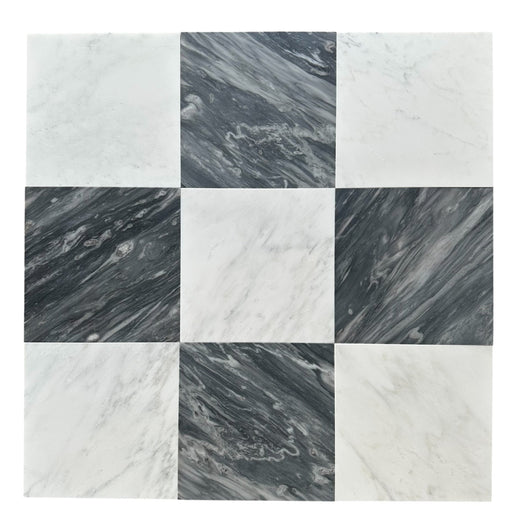 Checkerboard 12x12 tile with polished Statuary White and Nuvolato gray marble