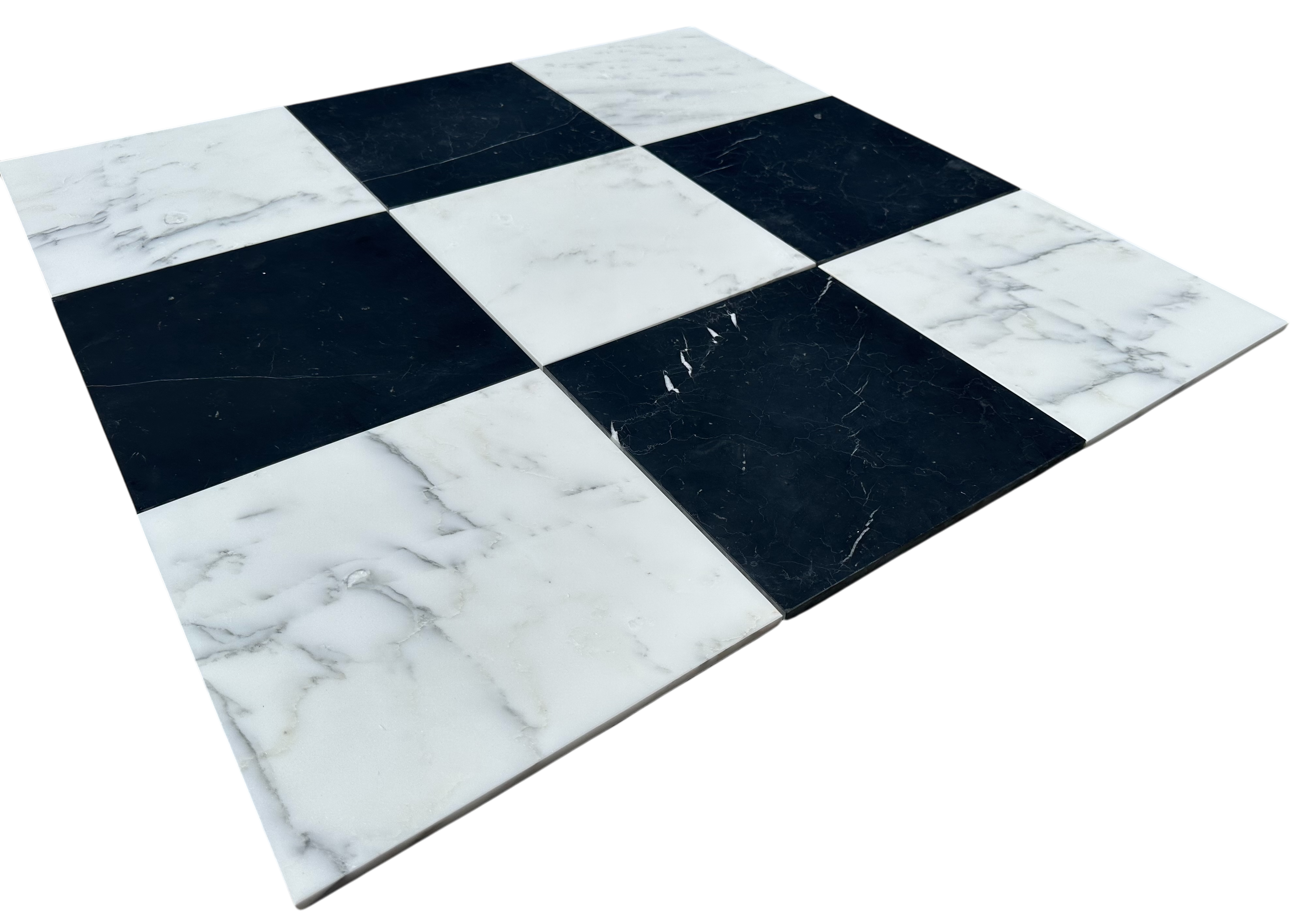 Flat view of Checkerboard Marble Tile with alternating Statuary White and Nero Marquina, 12x12 polished finish