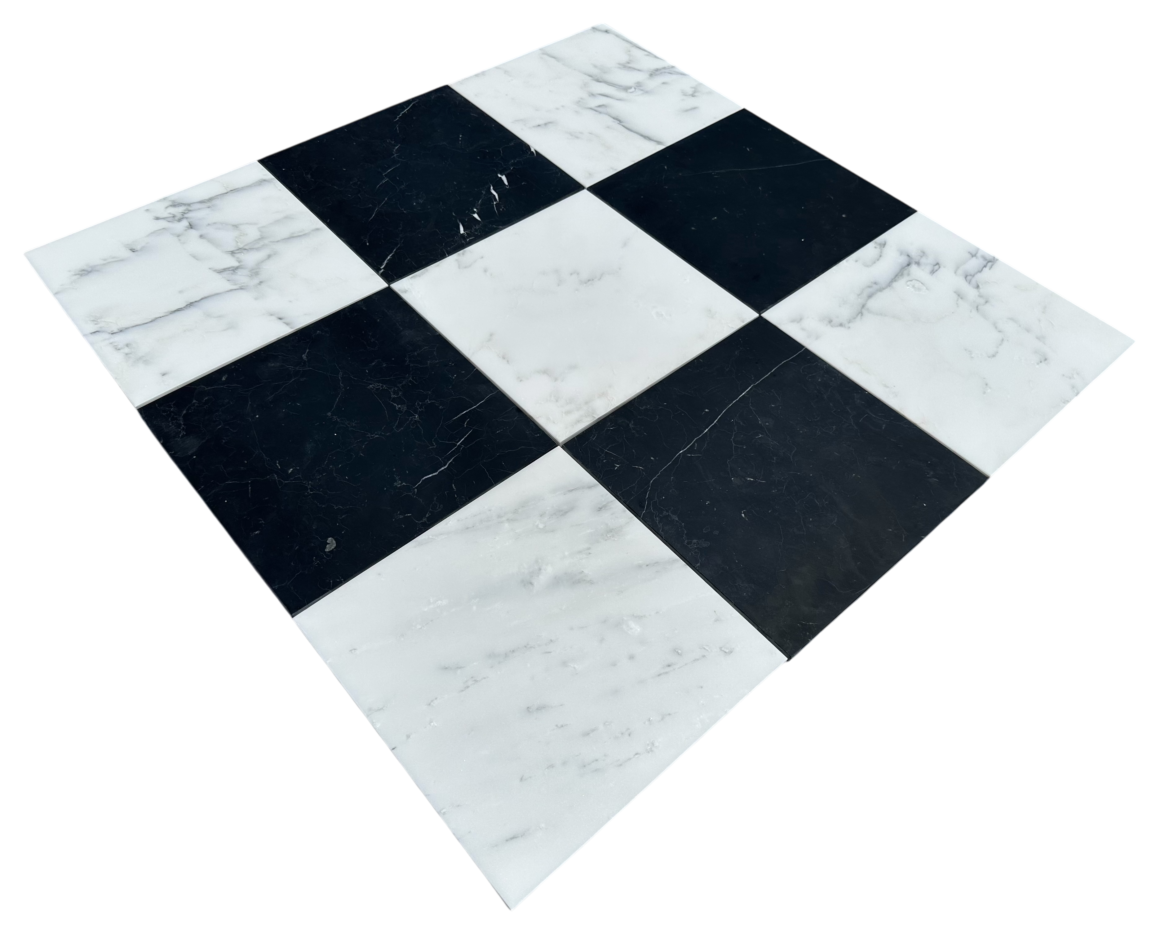 Flat view of Checkerboard Marble Tile with alternating Statuary White and Nero Marquina, 12x12 polished finish