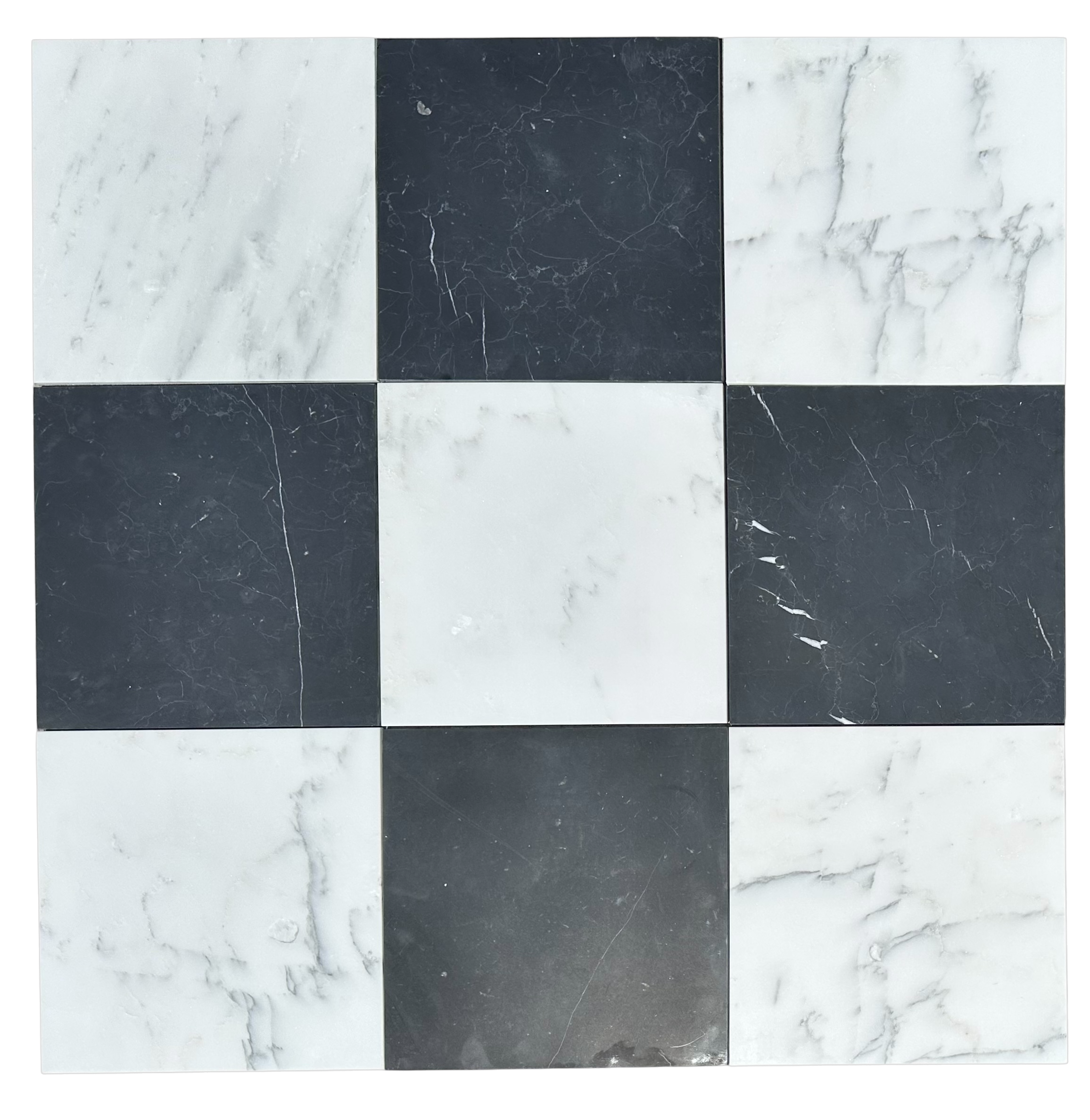 Flat view of Checkerboard Marble Tile with alternating Statuary White and Nero Marquina, 12x12 polished finish