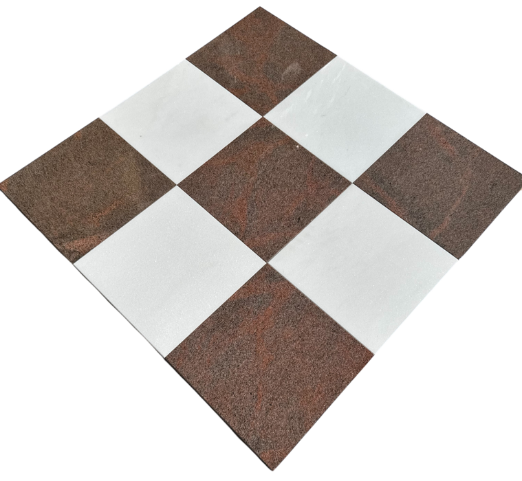 Checkerboard 12x12 tile with Thassos white marble and Bordeaux granite in polished finish