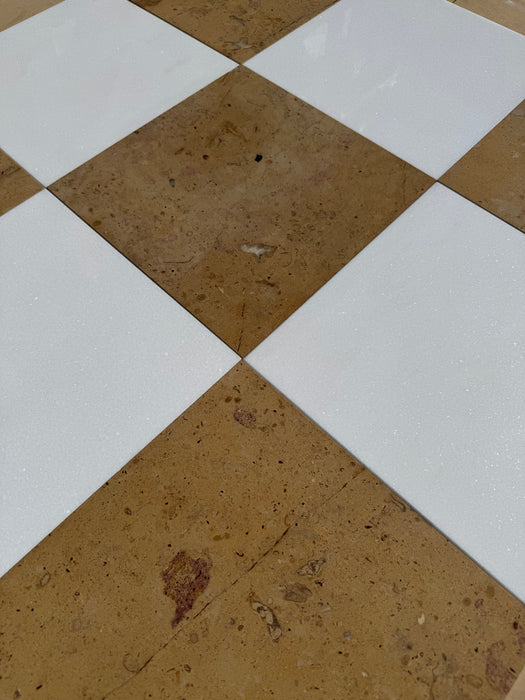 Checkerboard Thassos White Polished and Terra Gold Honed Limestone Tile 12x12