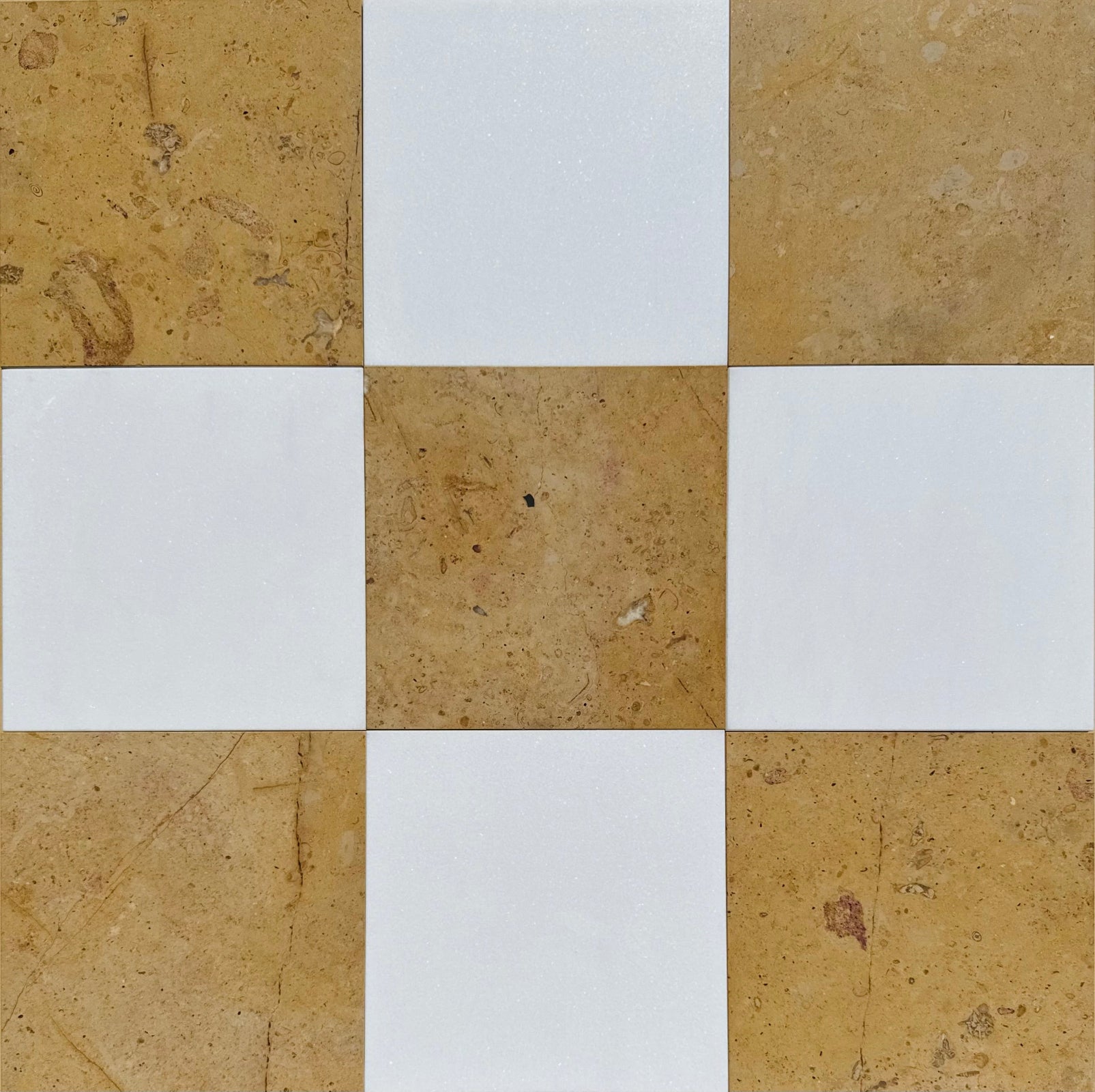 Checkerboard Thassos White Polished and Terra Gold Honed Limestone Tile 12x12