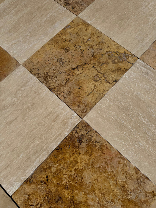 Checkerboard tile with Veincut Travertine and Sedona Travertine in 12x12 format