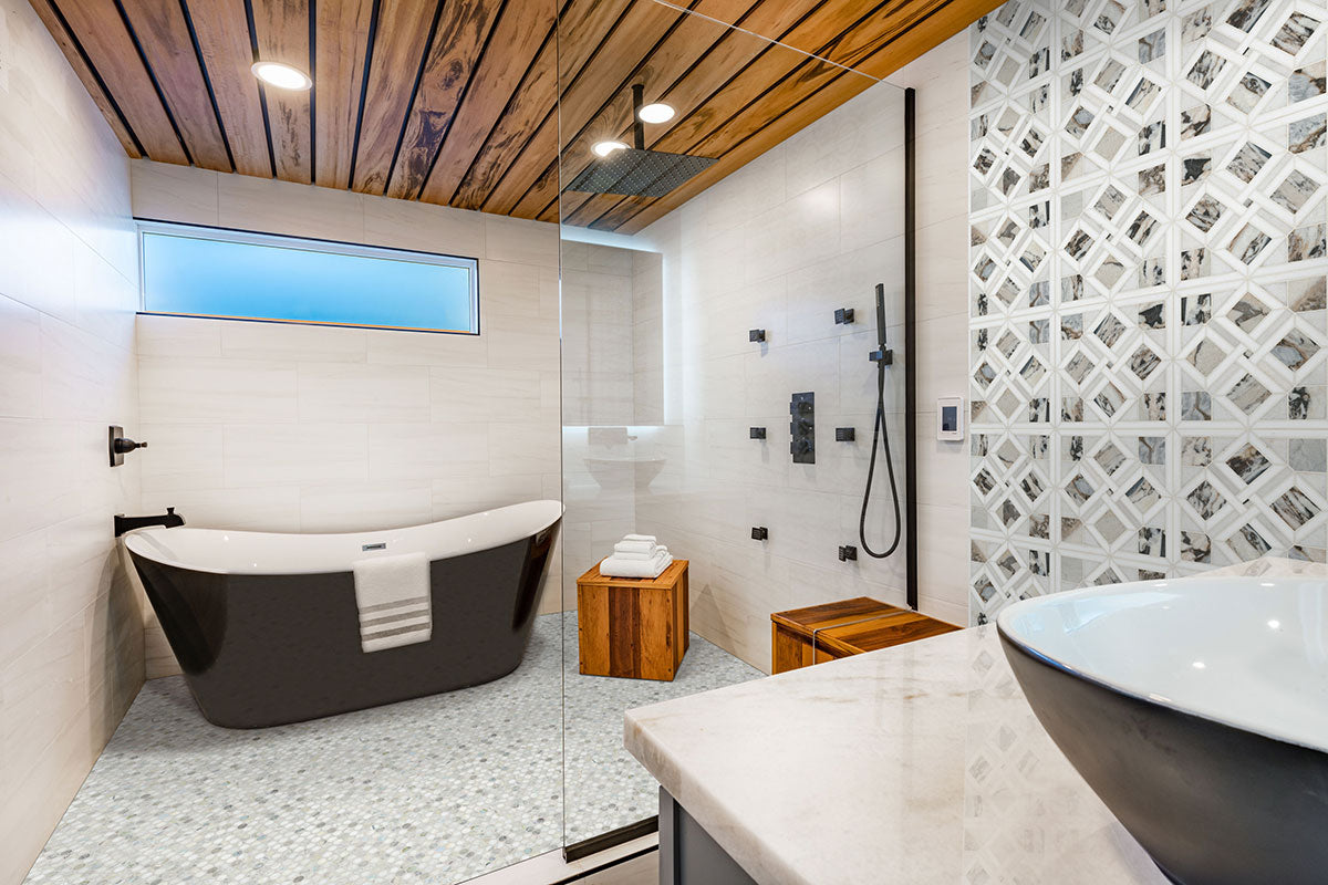 Cloudland Round Pattern Polished Marble Mosaic installed on bathroom floor for a vibrant, modern look