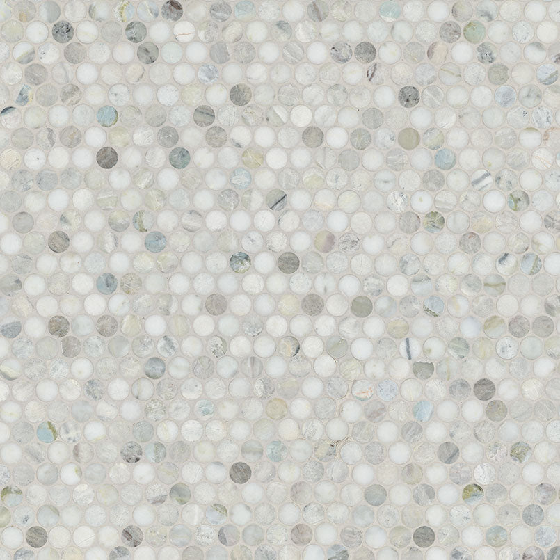 Flat view of Cloudland Round Pattern Polished Marble Mosaic with aquamarine shades and delicate veining