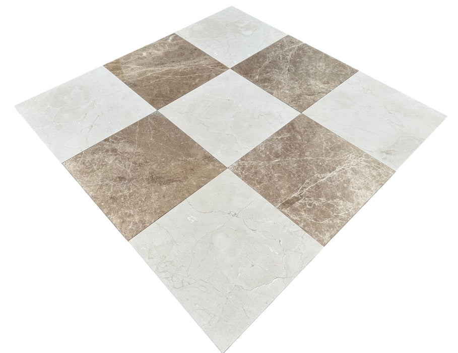 Checkerboard Crema Marfil and Emperador Light Marble Tile – 12x12