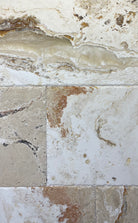 Exotic Onyx Travertine Versailles Pattern tiles showing brushed finish and chiseled edges