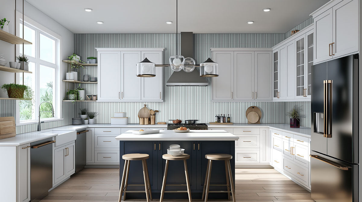Folk Sky Fluted Tiles installed on modern backsplash with seamless, refined finish
