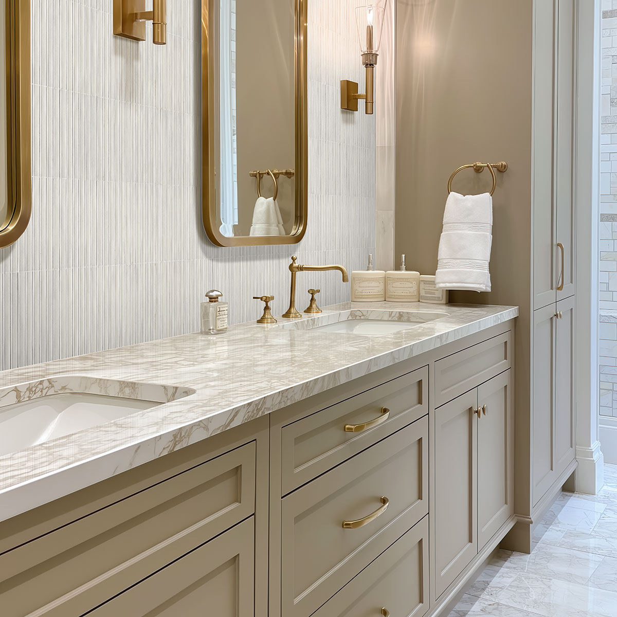 Gems Bianco Fluted Tiles installed on bathroom wall with seamless grout finish
