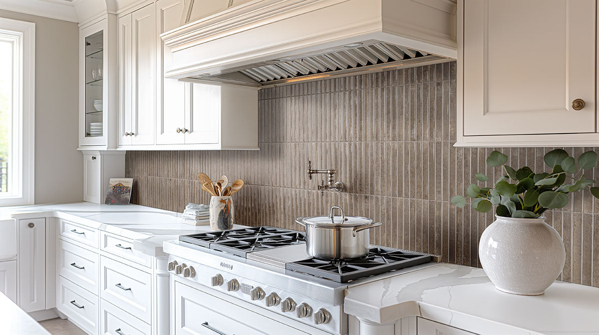 Gems Grigio Fluted Tiles installed on a modern backsplash with seamless grout finish