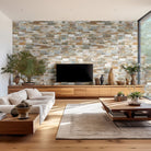 Golden Honey XL Quartzite Panels installed on a living room wall with natural golden tones