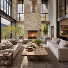 Golden White XL Quartzite Panels installed on a fireplace surround with bold contrast and rustic charm