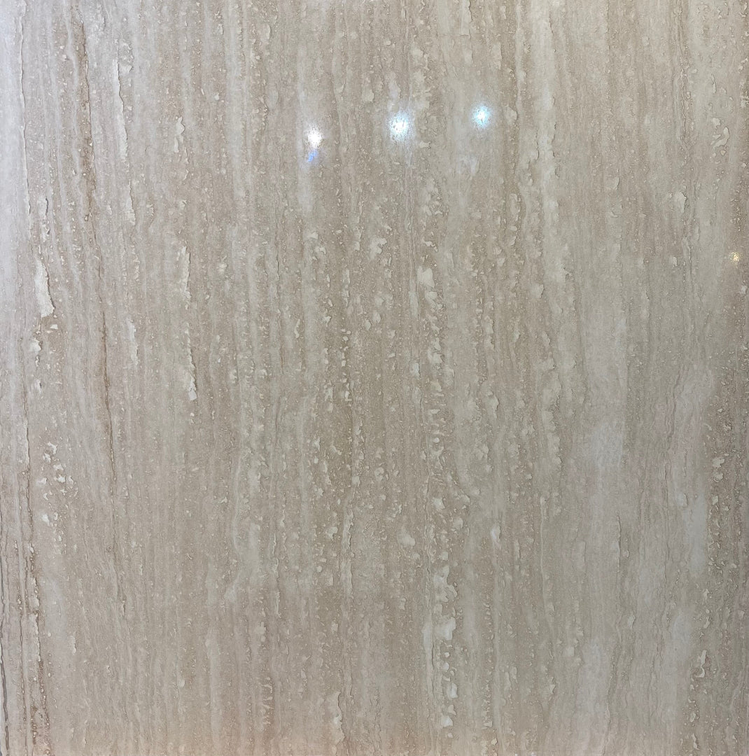 Flat view of Ivory Vein Cut Travertine 18x18 Tile in polished and filled finish