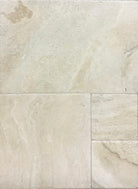 Navona Travertine Versailles tile pattern featuring soft neutral tones and chiseled edges