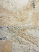 Flat view of Picasso Travertine in Versailles pattern with brushed and chiseled finish