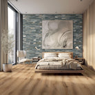 Sierra Blue XL Quartzite Panels installed on bedroom wall with rustic multitone finish