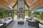 Sierra Blue XL Quartzite Panels installed on fireplace wall with rustic multitone finish