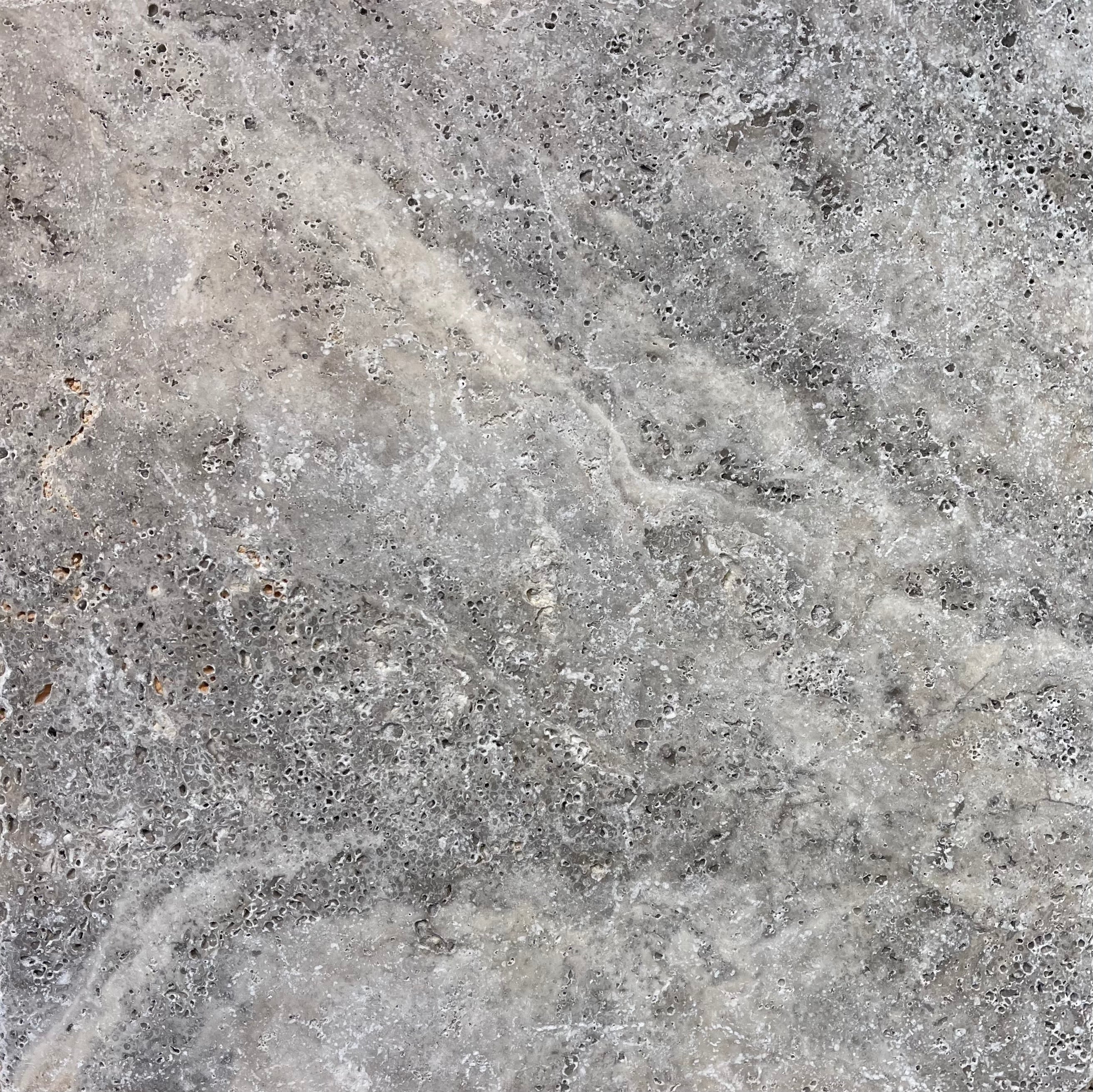 Flat view of 18x18 Silver Travertine in tumbled finish, gray-tan-cream tones