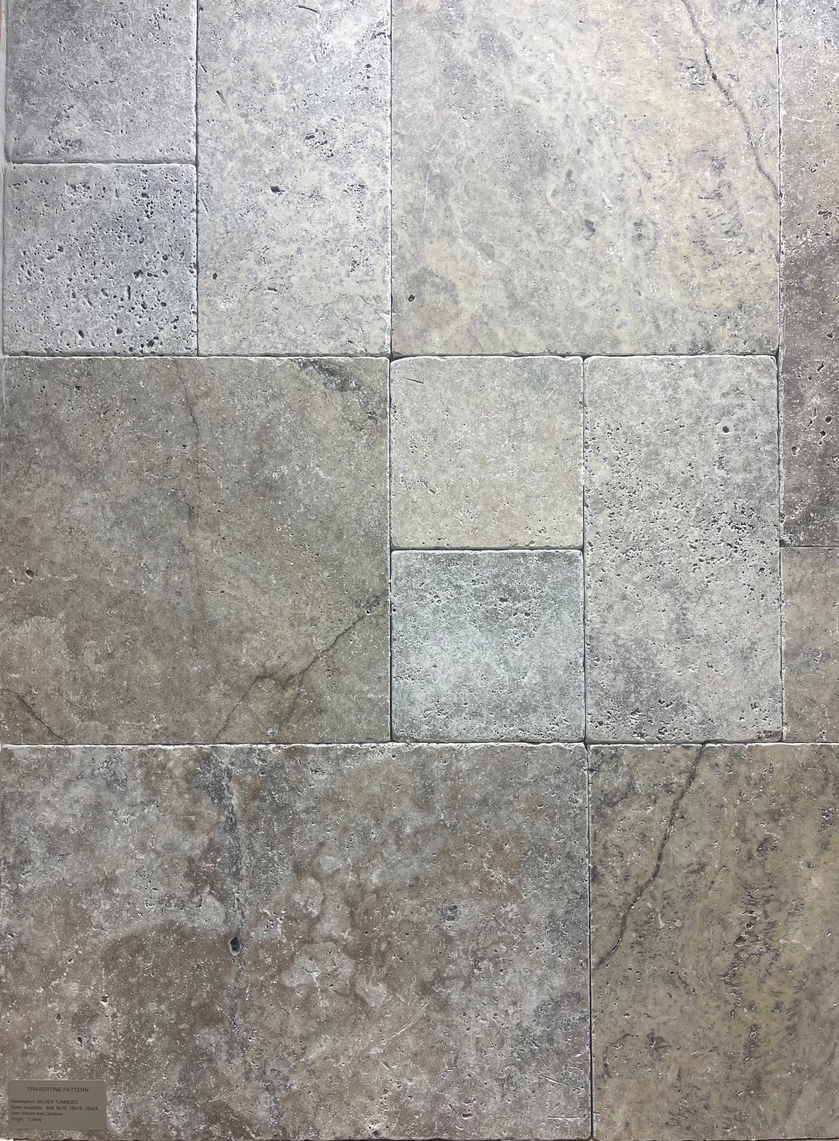 Flat view of Silver Travertine Versailles Pattern Tumbled Tile in mixed sizes