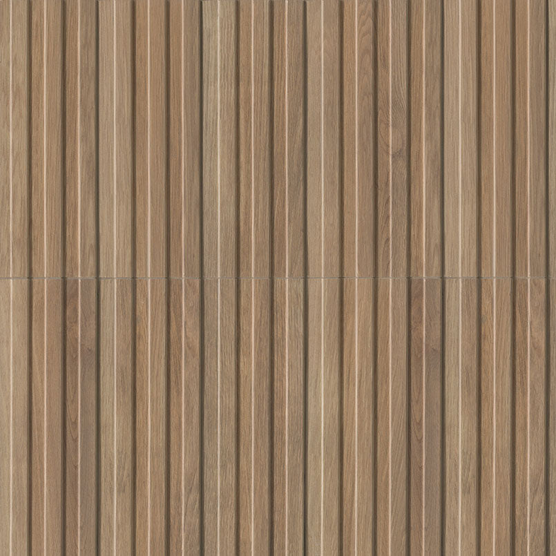 Flat view of Sinfonia Hip Hop Camel Fluted Tile with matte finish and rich brown wood-look texture