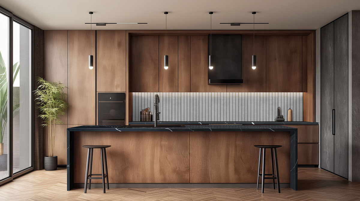 Sinfonia Hip Hop Ceniza Fluted Tiles installed on modern kitchen wall with seamless, elegant finish