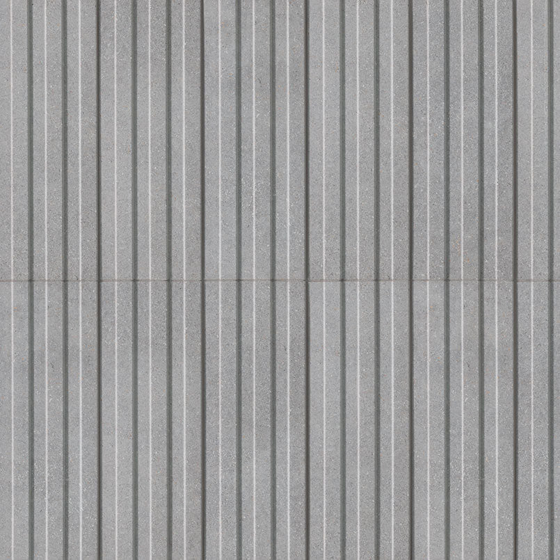 Flat view of Sinfonia Hip Hop Ceniza Fluted Tile with matte finish and gray limestone-look texture