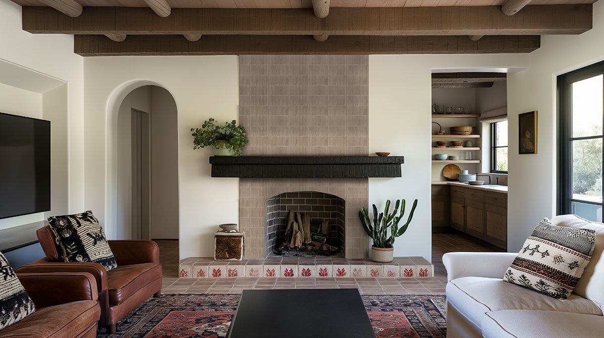 Sinfonia Piano Camel Fluted Tiles installed on fireplace wall with clean vertical layout