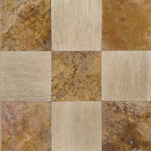 Close-up of 12x12 checkerboard tile showing beige veincut and reddish Sedona travertine