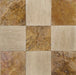 Close-up of 12x12 checkerboard tile showing beige veincut and reddish Sedona travertine